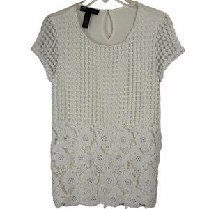 INC Ivory Shirt Crochet Overlay Floral Rhinestone Short Sleeve Rayon Stretch XS